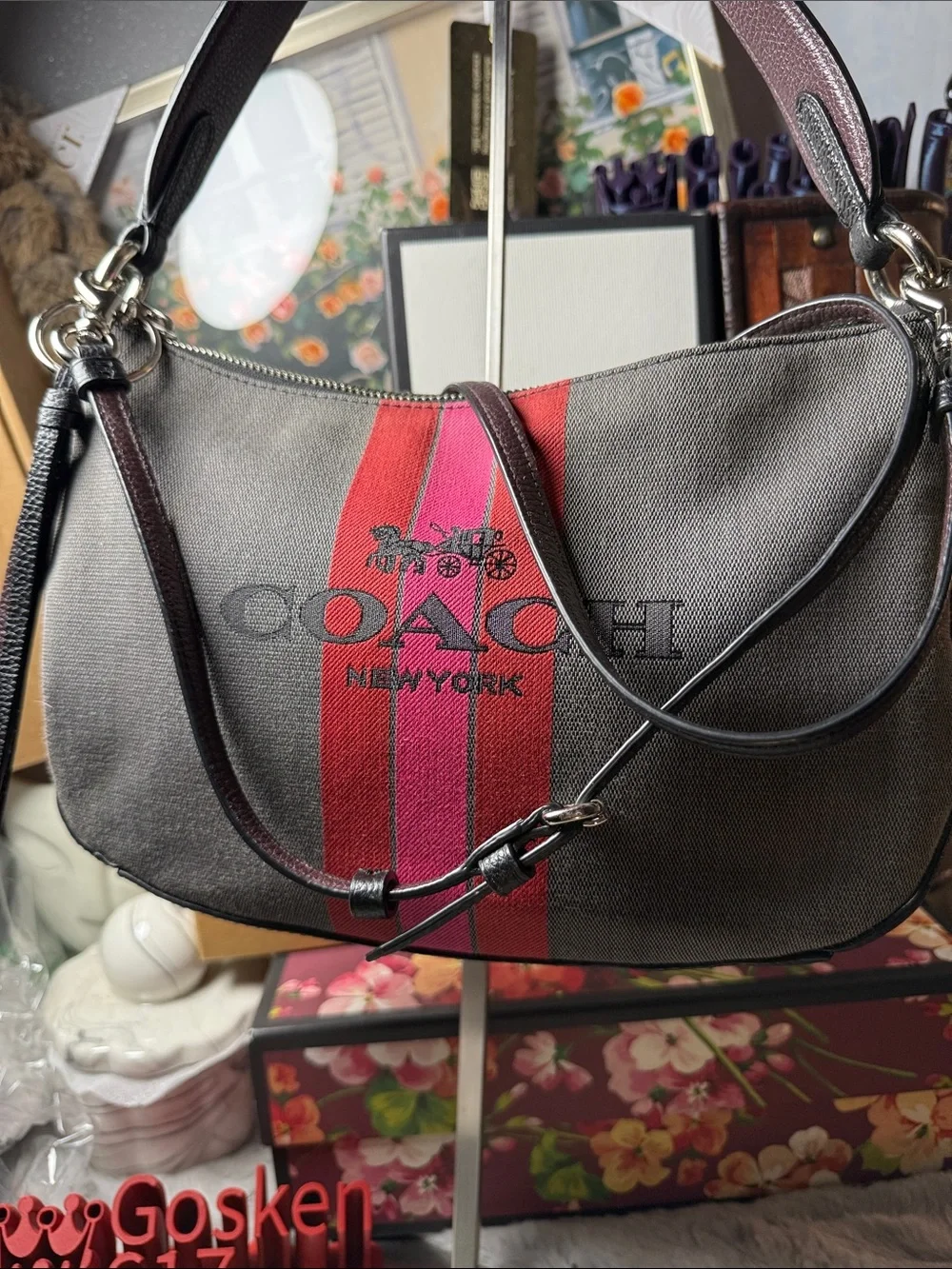 Coach Gray Canvas Shoulder Bag with Horse and Carriage Jacquard Stripes
